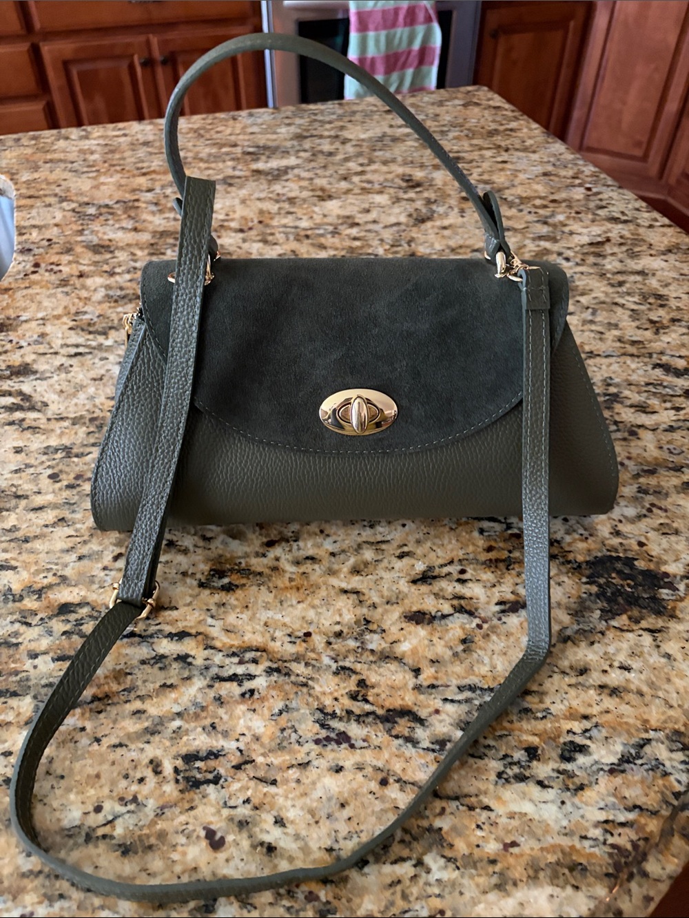 Olive Green Leather and Suede Top-Handle Crossbody Bag. Made in Italy.NEW.